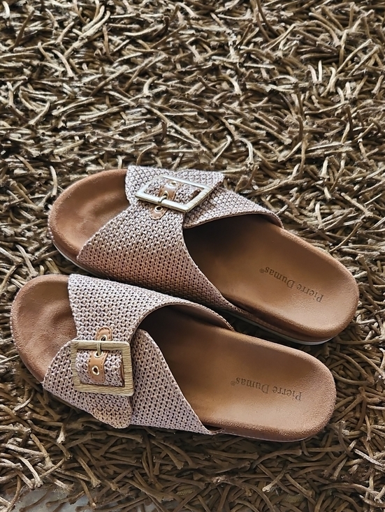 Pierre Dumas Shoes - Pierre Dumas Women's Taupe Knit Slide Sandals with Buckle Size 8.5